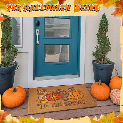 Tinideya Fall Football Door Mat, 29 x 17 Inch Outdoor Welcome Mat with Fall Leaves, Pumpkin & Football Design, Non-Slip PVC Backing, Brown