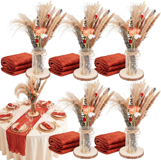 Irenare 6 Set Dried Pampas Grass Centerpiece with 6 Glass Vase Table Runner Bouquet for Wedding Decor, Boho Farmhouse Table Centerpieces, Bridal Party Decoration or Fall Wedding Home Rustic Decor