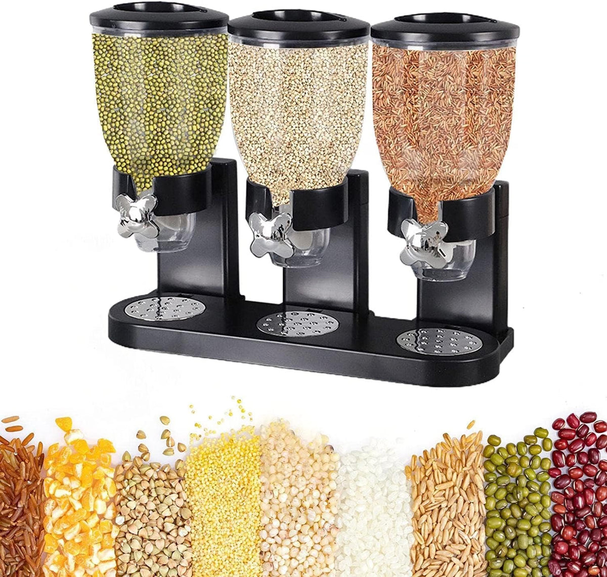 HyperionFlo Essentials Triple Food Dispenser, 2-Liter Dry Food Storage Container, Airtight Cereal, Candy, Nut & Granola Dispenser, Black