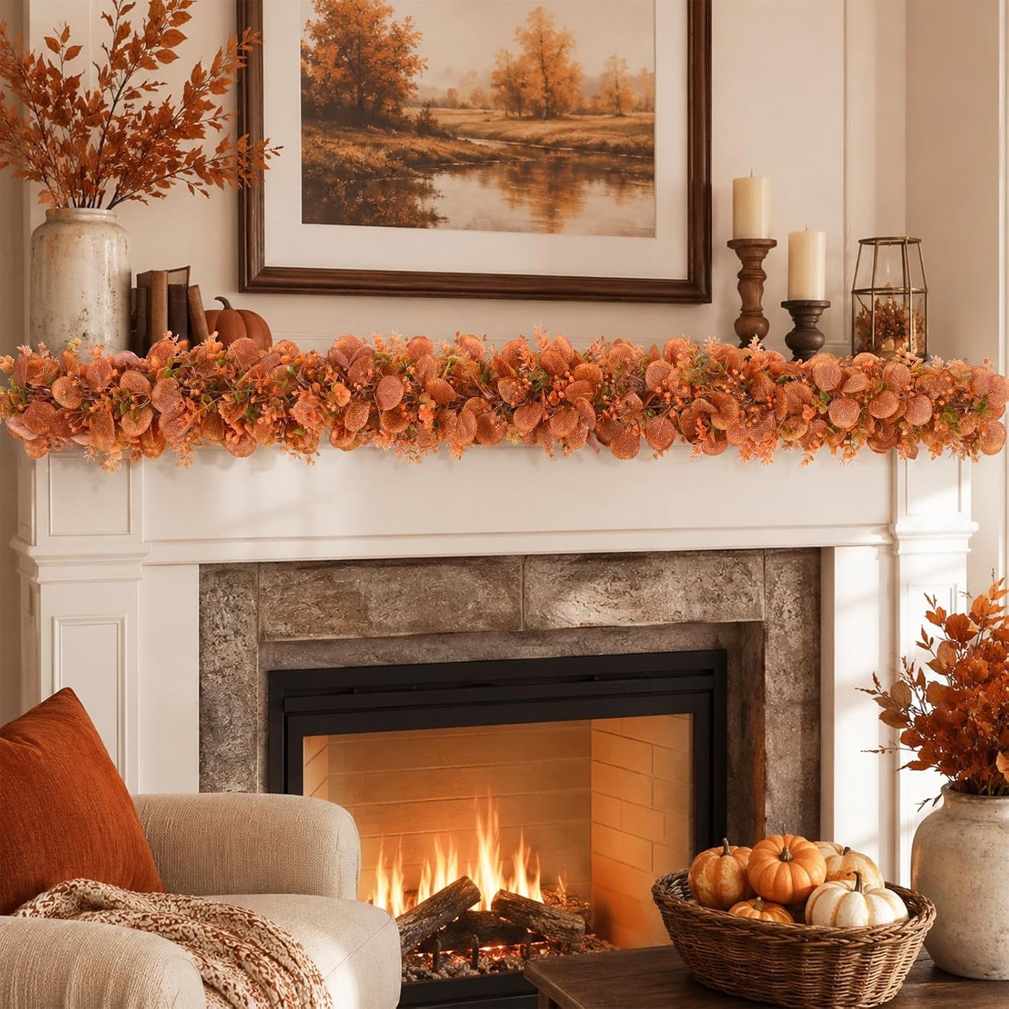 8Pack Eucalyptus Garland, Fall Artificial Eucalyptus Garland with Flowers
