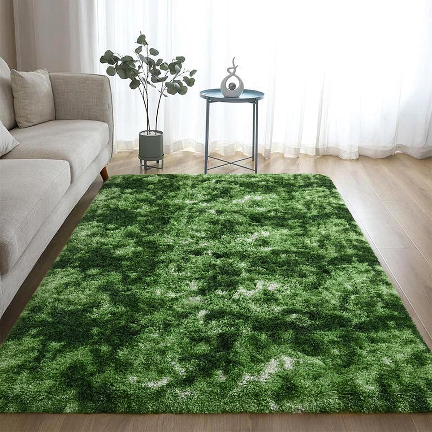 DweIke Fluffy Dark Green Rugs for Bedroom Living Room, 6x9 Large Soft Plush Shaggy Tie-Dyed Forest Moss Green Girls Boys Kids Rug, Non-Slip and Machine Washable Carpet for Dorm Nursery Decor