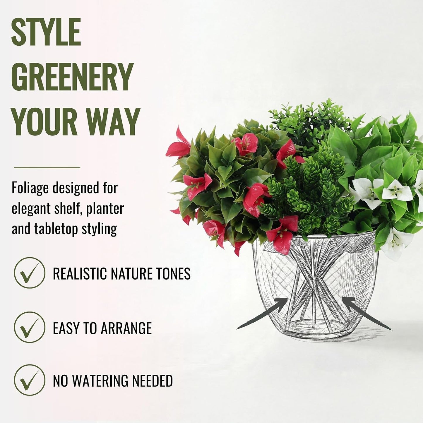 DECKO Artificial Plants - Fake Plants & Flowers Indoor and Outdoor - UV Resistant Hanging Plants for Living Room, Balcony, Patio, Kitchen etc - Faux Greenery - Senna Collection (2 Sets of 3 Cascades)
