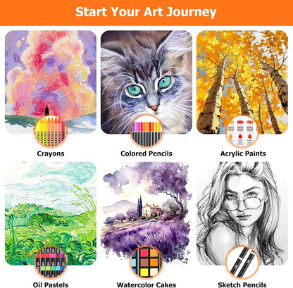 Soucolor 192-Piece Deluxe Art Set, Drawing & Painting Supplies Kit with Acrylics, Watercolors, Colored Pencils, Oil Pastels, Canvas Boards & Wooden Case for Adults & Artists