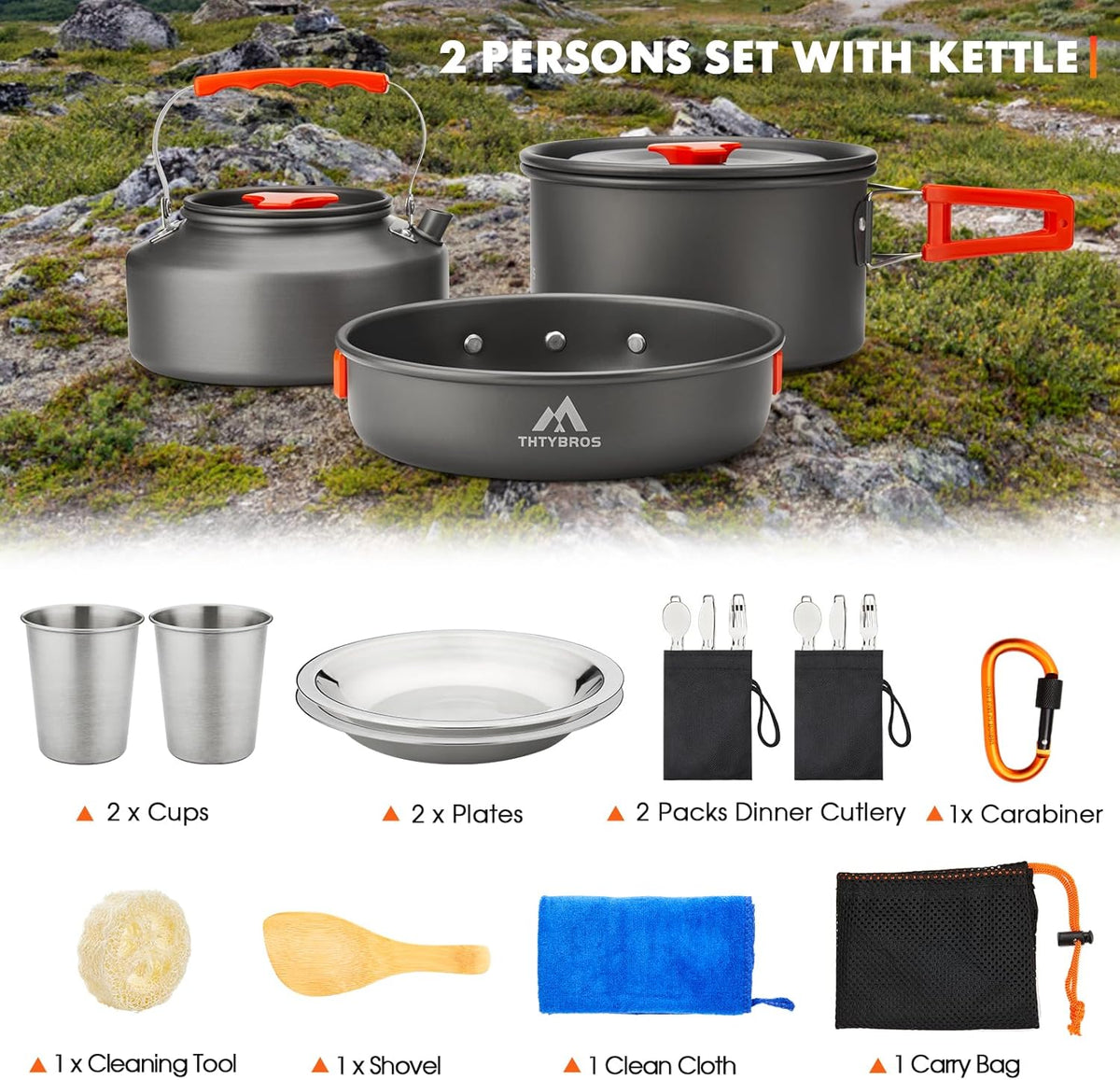 THTYBROS 17-Piece Camping Cookware Mess Kit, Hard-Anodized Aluminum Camping Cookware Set with Pot, Kettle, Frying Pan, Cups, Plates & Utensils for Camping, Backpacking & Picnic, Gray