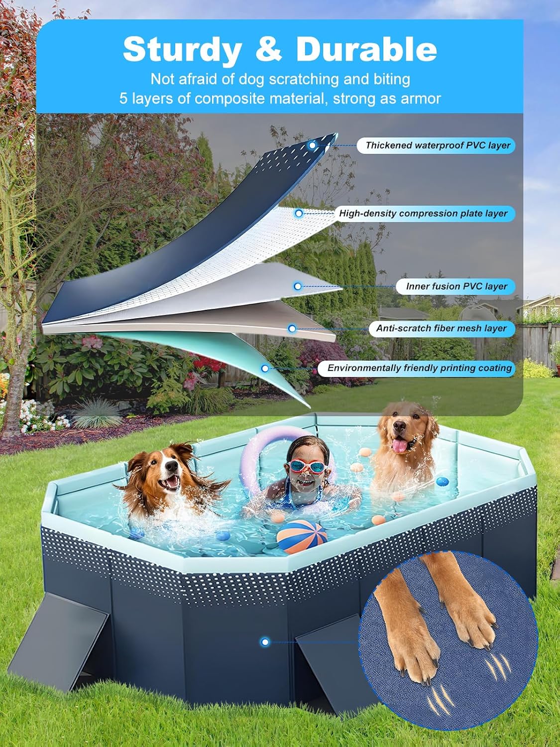Large Foldable Swimming Kiddie Pool 83" x 55" x 22", Hard Plastic Rectangular Pool for Kids and Dogs, Reinforced Sidewalls, Portable Non-Inflatable Pool with Drain Hole for Backyard and Outdoor Use, Blue