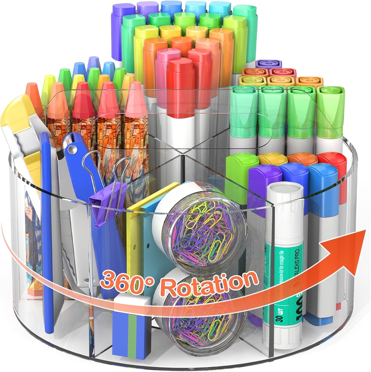 Acrylic Rotating Pen Holder, 360° Spinning Desk Organizer with 6 Compartments, Clear Desktop Caddy for Pens, Pencils, Markers, Crayons and Art Supplies