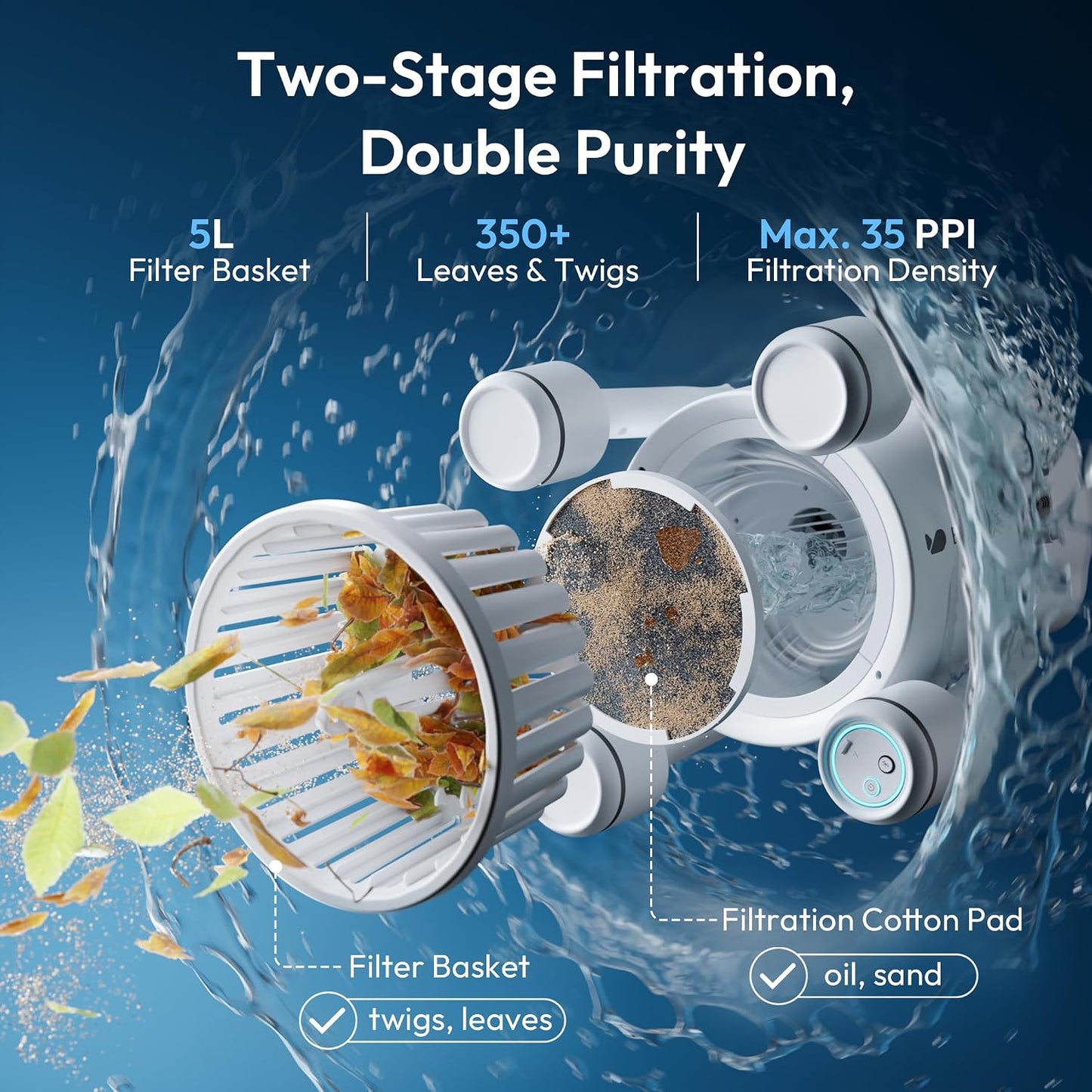 BUBLUE F10 Robotic Pool Surface Skimmer – App Controlled AI Navigation Pool Cleaner, Space White
