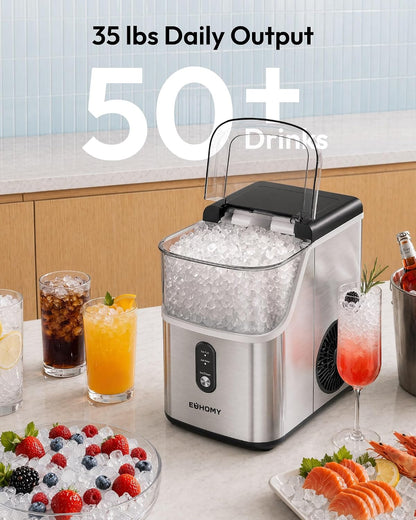 EUHOMY Nugget Ice Maker Countertop, Ready in 7 Mins, 35Lbs/24H Pebble Ice Maker Machine, Self-Cleaning Countertop Sonic Ice Makers with Ice Scoop&Basket, Pellet Ice Maker for Home, Stainless Steel