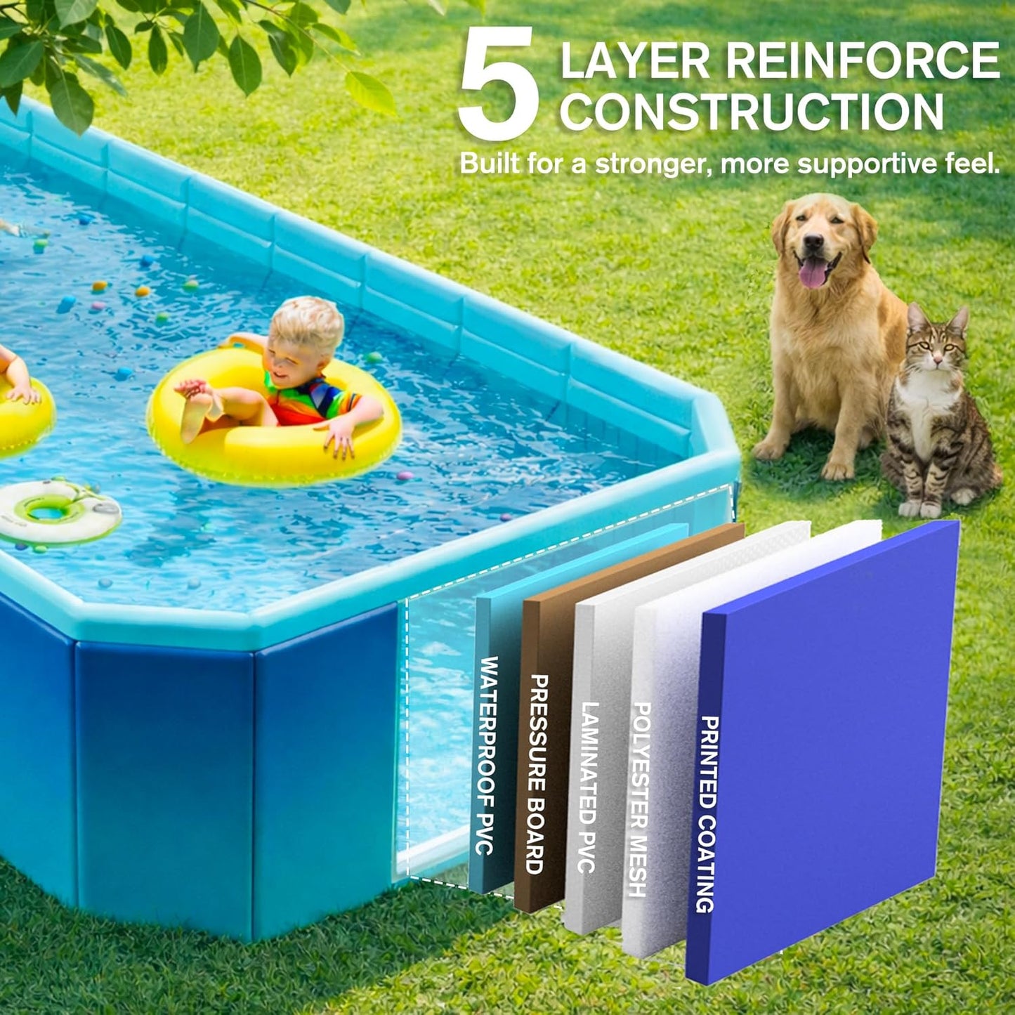 Foldable Swimming Pool, Non-Inflatable 116" x 65" x 20", Large Rectangular Above Ground Pool with 3 Drain Outlets, Portable Family Pool for Backyard & Garden, Blue