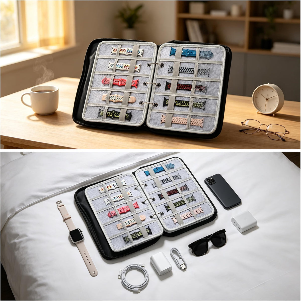 50-Slot Felt Watch Band Organizer Binder, Zippered Watch Strap Storage Case with 5 Double-Sided Pages, Mesh Accessory Pockets, Portable Travel Organizer, Gray