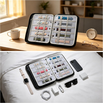 50-Slot Felt Watch Band Organizer Binder, Zippered Watch Strap Storage Case with 5 Double-Sided Pages, Mesh Accessory Pockets, Portable Travel Organizer, Gray