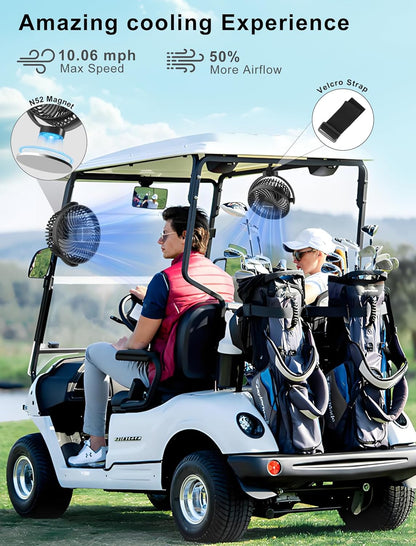 2-Pack Magnetic Golf Cart Fan Rechargeable, 12000mAH Battery Operated Portable Fan with 3 Speeds, LED Lantern, Magnetic Base, Suitable for EZGO Club Car Yamaha, Golf Cart & Cruise Ship Accessories