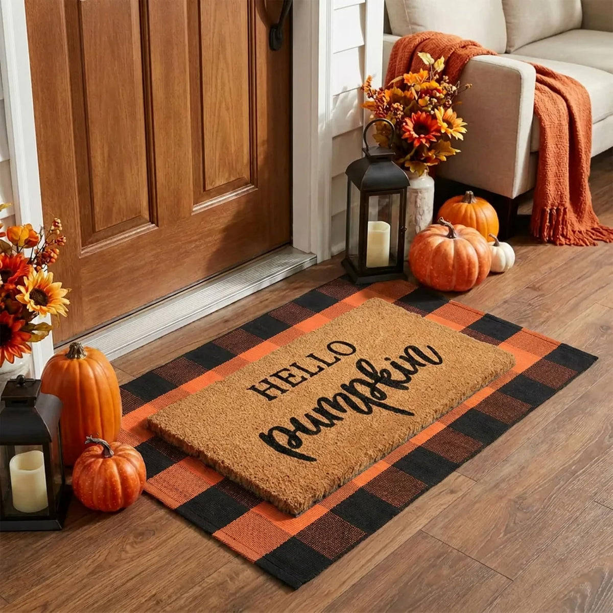 Homydecor Fall Decor Doormat Combo Set, 100% Coco Coir Welcome Mat with 3 x 5 Ft Orange & Black Plaid Rug, Autumn Thanksgiving Front Porch Entryway Decor, Hello Pumpkin