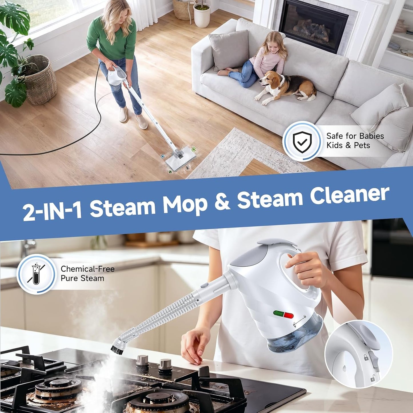Steam Mop & Detachable Handheld Steam Cleaner 10s Fast Heat-Up, 248°F Deep Cleaning, 8 Accessories, 320ml Tank with Swivel Head Mop for Car Accessories Floor Home, White