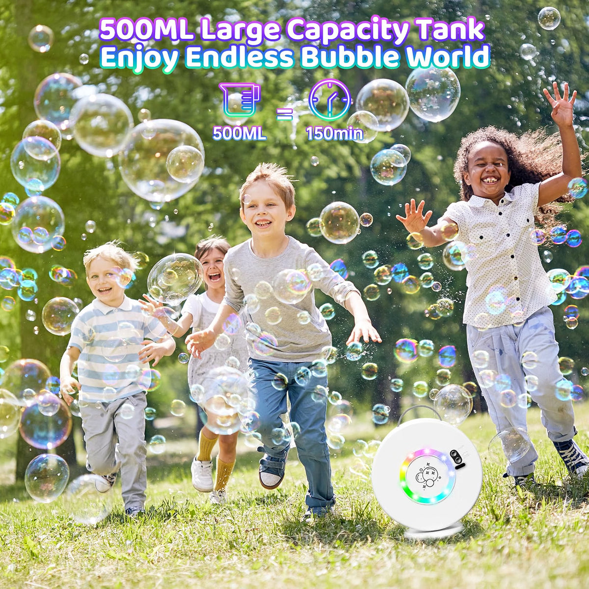 Yevohadt Bubble Machine for Kids & Toddlers, 90°/360° Rotating Automatic Bubble Blower with RGB Light, 4000+ Bubbles Per Minute, Portable Bubble Maker for Parties & Outdoor Play