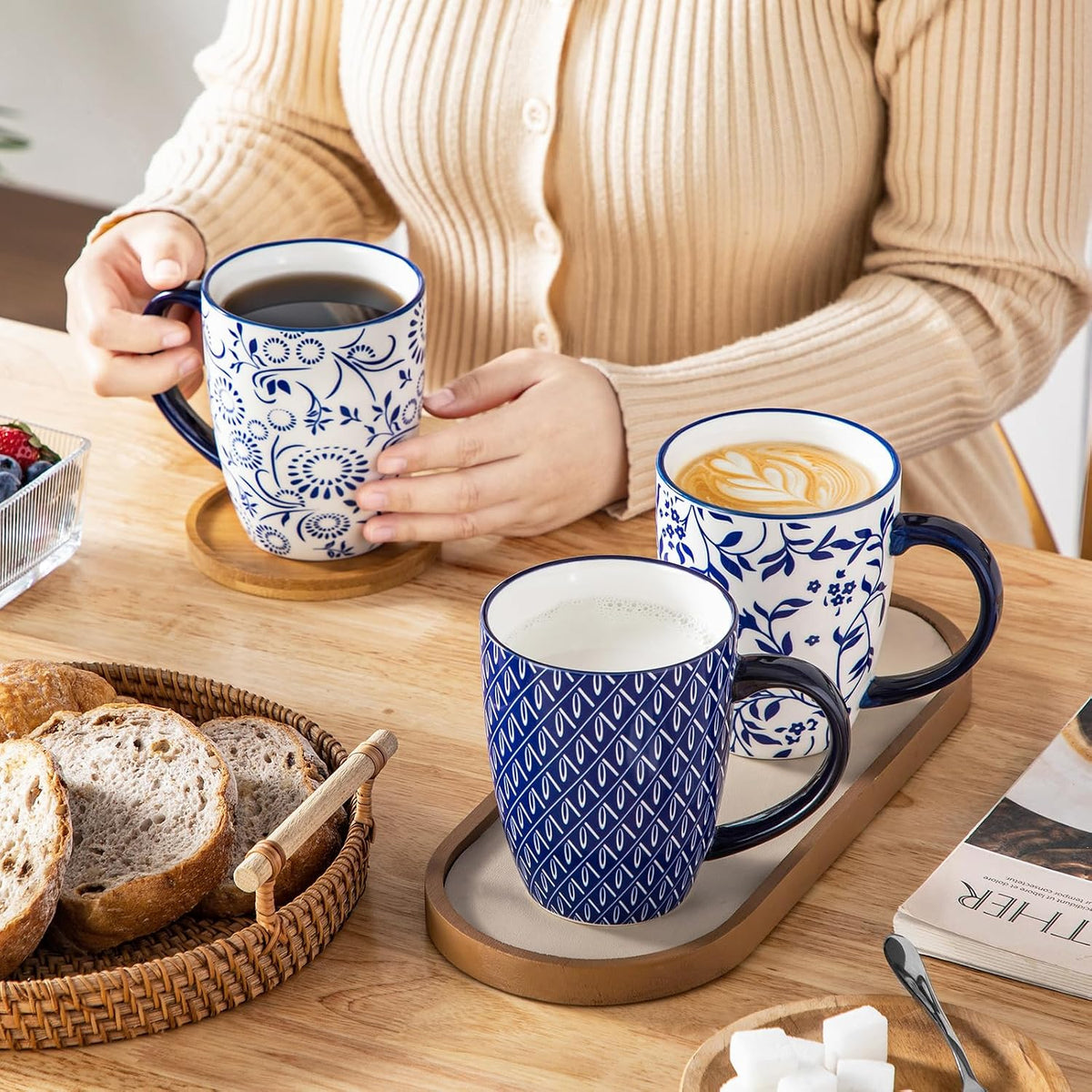 vancasso SELENE Large Coffee Mugs Set of 6, 16 Oz Porcelain Coffee Cups with Handle, Ceramic Tea Cup for Cappuccino, Latte, Tea, Cocoa, Dishwasher & Microwave Safe Gift Sets, Vintage Blue