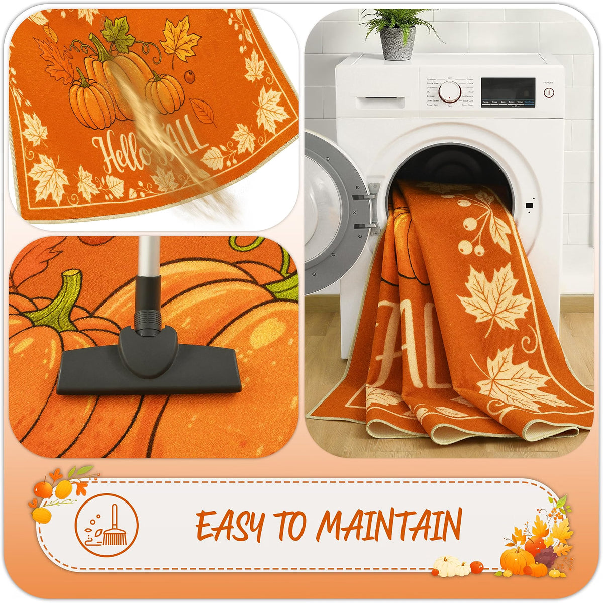 Acapet Fall Front Door Mat 3' x 5', Hello Pumpkin Welcome Mat, Seasonal Farmhouse Porch Rug with Non-Slip Backing, Washable Low-Pile Indoor Outdoor Entryway Mat