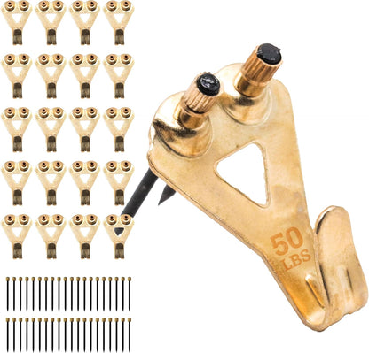 PHS 50 lb Brass Picture Hanging Hooks with Nails, 100 Pack Renter friendly picture hanging, brass and alloy steel, drywall & plaster walls, frames, mirrors & canvas art