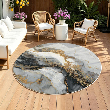 Black Gray Gold Abstract Modern Marble Art Deco Round Rug 10Ft, Washable