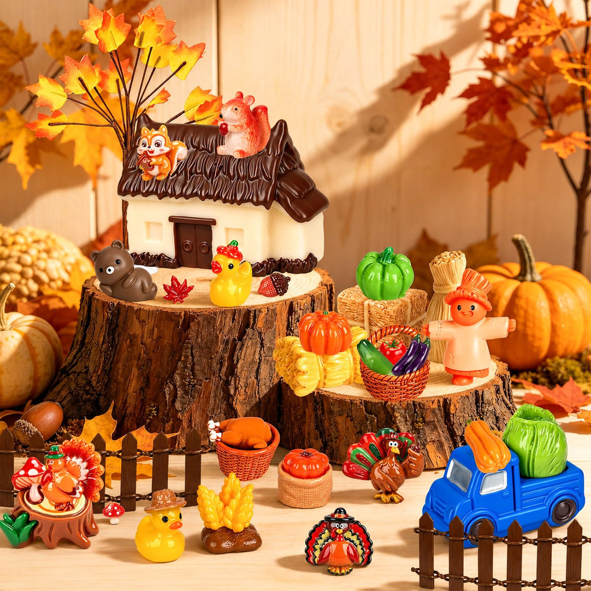 QAUYETM 50-Piece Fall Thanksgiving Mini Resin Figurines, Autumn Farm Village Decor with Pumpkins, Turkeys, Scarecrows & Harvest Accessories for Dollhouse, Garden & Table