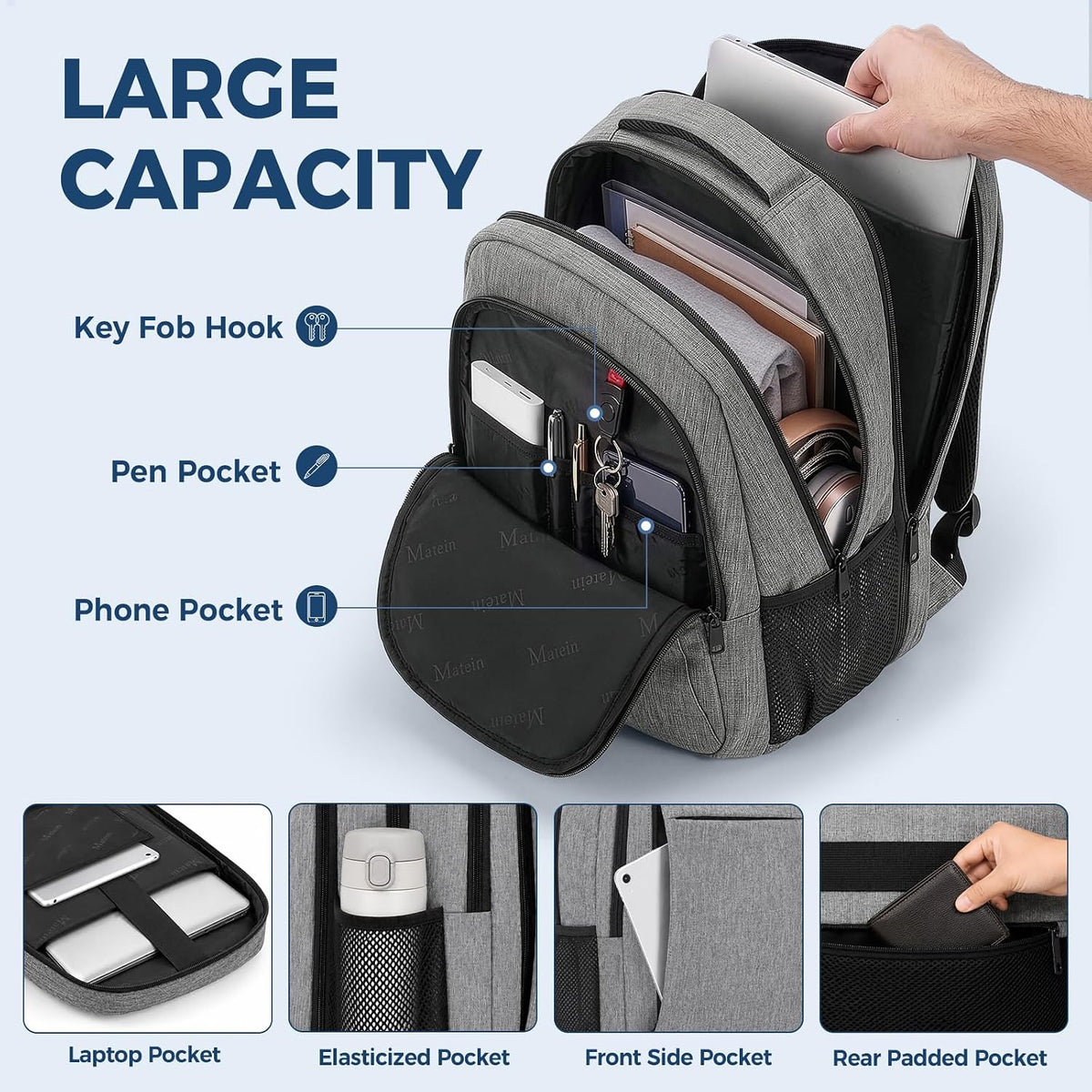 MATEIN Travel Laptop Backpack, 15.6-Inch College School Computer Bag, Water-Resistant Laptop Backpack with Multiple Pockets, Luggage Strap & Anti-Theft Pocket, Grey