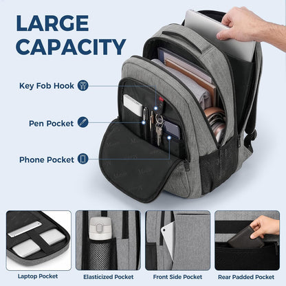MATEIN Travel Laptop Backpack, 15.6-Inch College School Computer Bag, Water-Resistant Laptop Backpack with Multiple Pockets, Luggage Strap & Anti-Theft Pocket, Grey