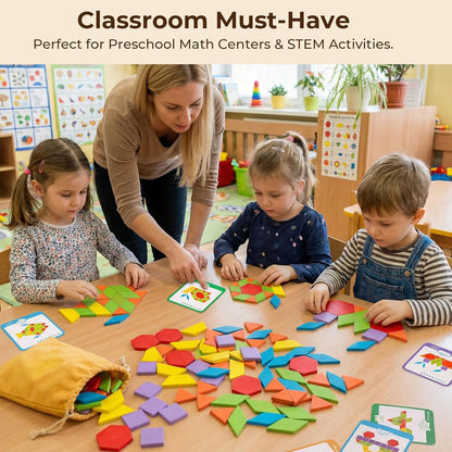 LovesTown 209 PCS Wooden Pattern Blocks for Kids, Geometric Shapes with 24 Activity Cards & Storage Bag, Educational STEM Tangram Puzzle Set