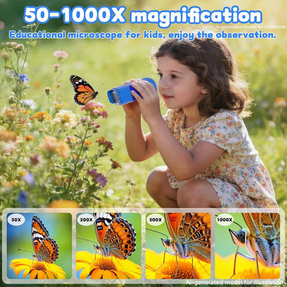 Pozifu 1000X Handheld Digital Microscope for Kids, 50X–1000X Magnification, 2.0" IPS HD Display, 1080P 2MP Camera, STEM Educational Toy, Blue