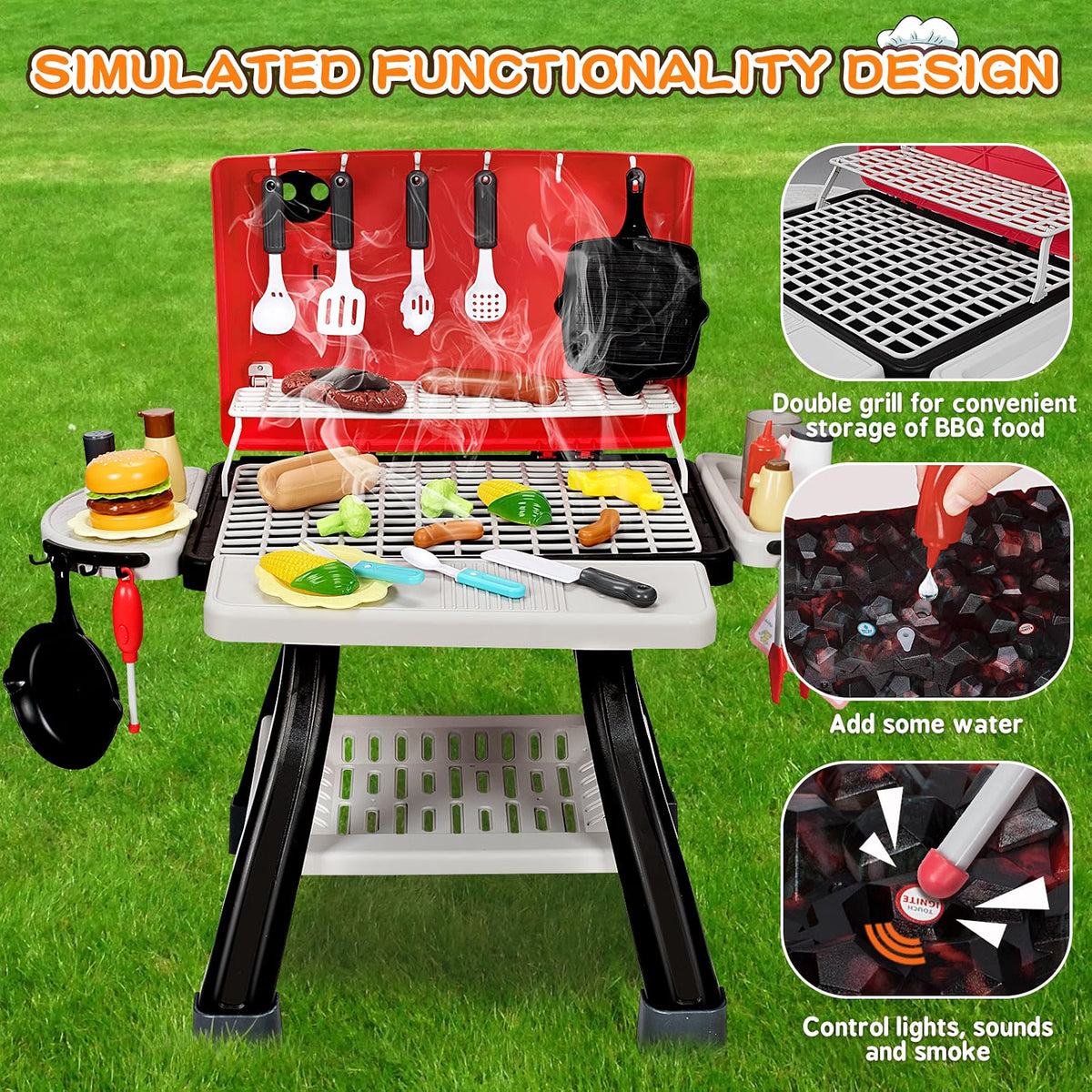 Bstoyder Kids BBQ Grill Playset, 73-Piece Pretend Kitchen Playset with Smoke, Sound & Light, 2-Layer Outdoor Grill Toy with Play Food & Accessories for Toddlers, Red