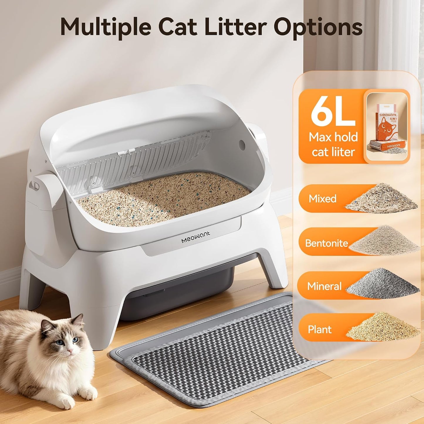 Meowant Extra Large Automatic Litter Box Infrared Scanning and Anti-Pinch Self Cleaning Litter Box for Multiple Cats, Open Top Design with APP Control, 12L Waste Bin, Odor Free, XXXL Space