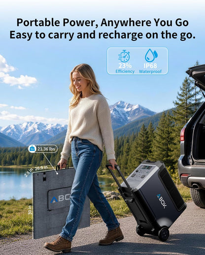ABOK Ark3600 Portable Power Station with 3×200W Solar Panels 3840Wh LiFePO4 Battery, 3600W AC Output, Expandable to 11520Wh, 15 Outlets, Solar Generator for Home Backup, RV, Camping