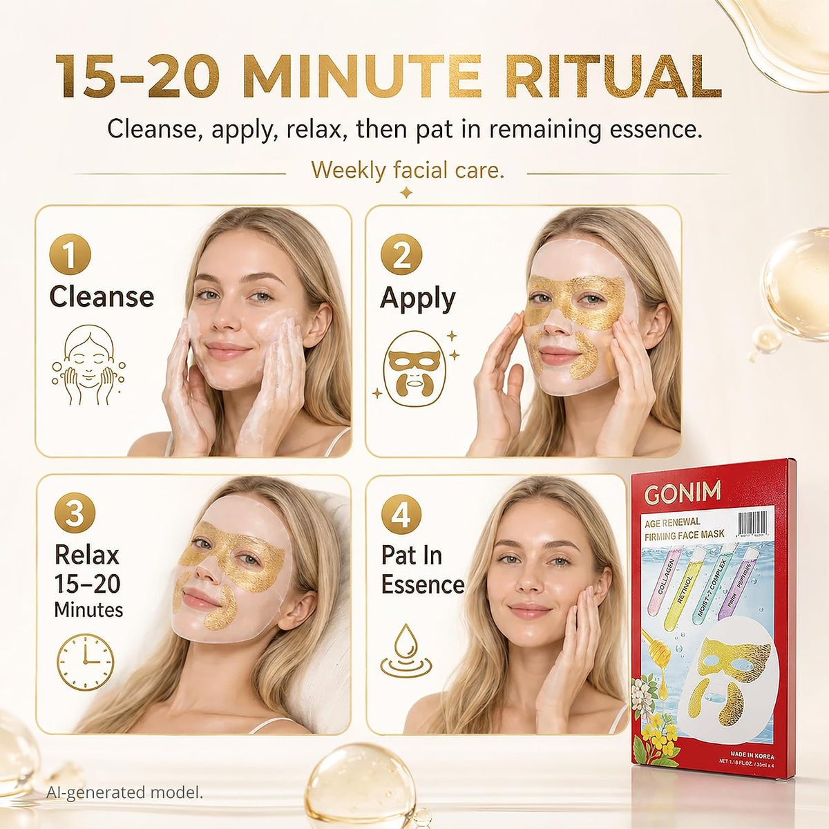 GONIM Korean Collagen Face Mask with PDRN, Anti Aging Firming Facial Mask Korean face mask with retinol and hyaluronic acid, hydrating collagen sheet mask with gold eye and smile line overlay, 35mlx8