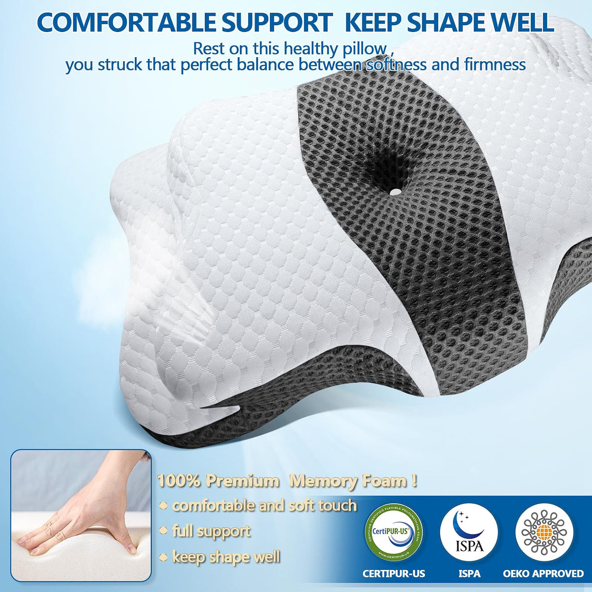 HyperionFlo Essentials Memory Foam Cervical Pillow, Adjustable Butterfly Neck Support Pillow, Queen Size, Dark Gray