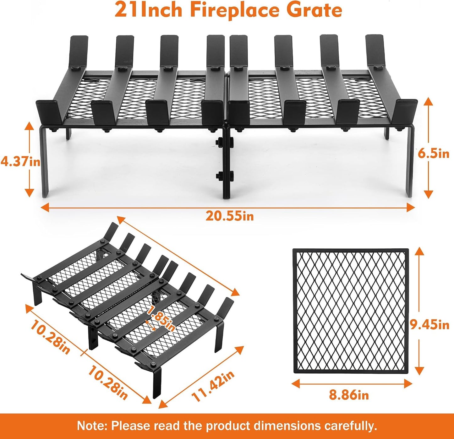 facka Fireplace Grate with Ember Retainer, 21" Heavy Duty Steel Fire Grate 8-Bar Fireplace Log Holder and Wood Stove Grate Rack for Indoor Hearth, Outdoor Fire Pit, Easy Assembly