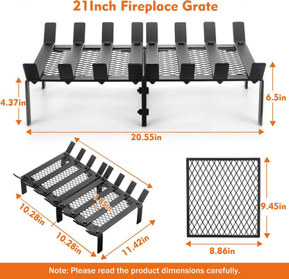 facka Fireplace Grate with Ember Retainer, 21" Heavy Duty Steel Fire Grate 8-Bar Fireplace Log Holder and Wood Stove Grate Rack for Indoor Hearth, Outdoor Fire Pit, Easy Assembly
