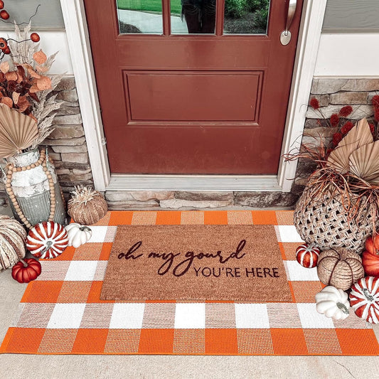 CAINANEL Fall Outdoor Rug, Orange & White Buffalo Plaid Cotton Hand-Woven Doormat, 27.5 x 43 Inch Washable Indoor Outdoor Rug for Front Door, Porch, Patio & Entryway