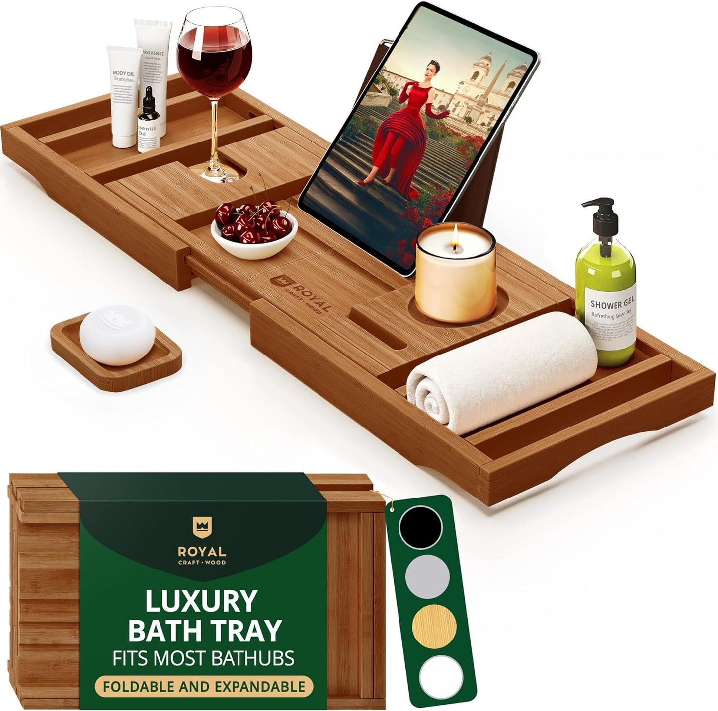 Trending Now Wood Bath Tray – Bathtub Tray for Tub, Expandable Bamboo Bath Tray & Bathtub Caddy with Book Holder, Wine Glass Holder, Phone & Tablet Stand, Spa Bath Accessories, Birthday Gifts for Mom