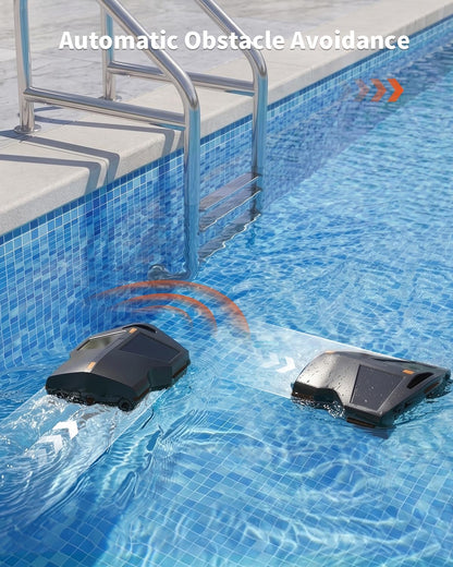 Solar Pool Surface Skimmer Robot, Smart Obstacle Avoidance & Path Planning Edge Cleaning, Smart Parking & App Control, Dual Charging Options, Strong Suction for Pools, Black