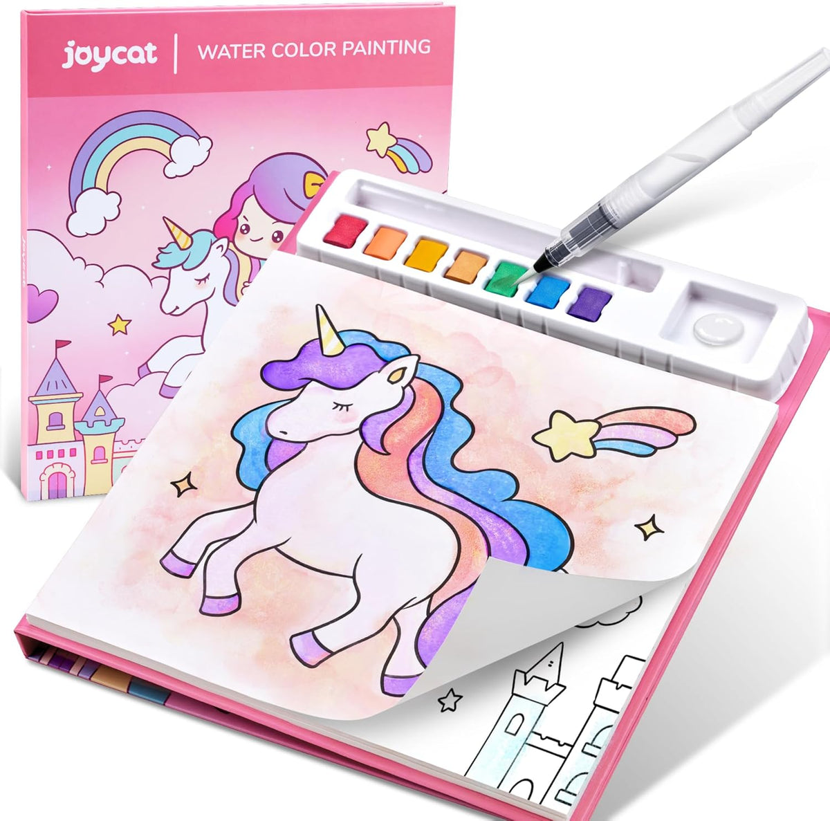 JoyCat Paint with Water Coloring Book for Toddlers, Magical Pony 3-in-1 Watercolor Activity Book with Brush & Paint, 20 Pages, Mess-Free Preschool Art Toy, Pink
