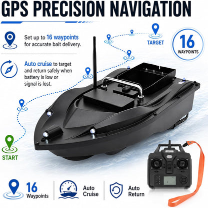 Poggyyi RC Fishing Bait Boat with GPS Positioning, 1968.5 ft Remote Control, 4.4 lb Loading Capacity, 5200mAh Rechargeable Battery, LED Night Lights, Carrying Bag