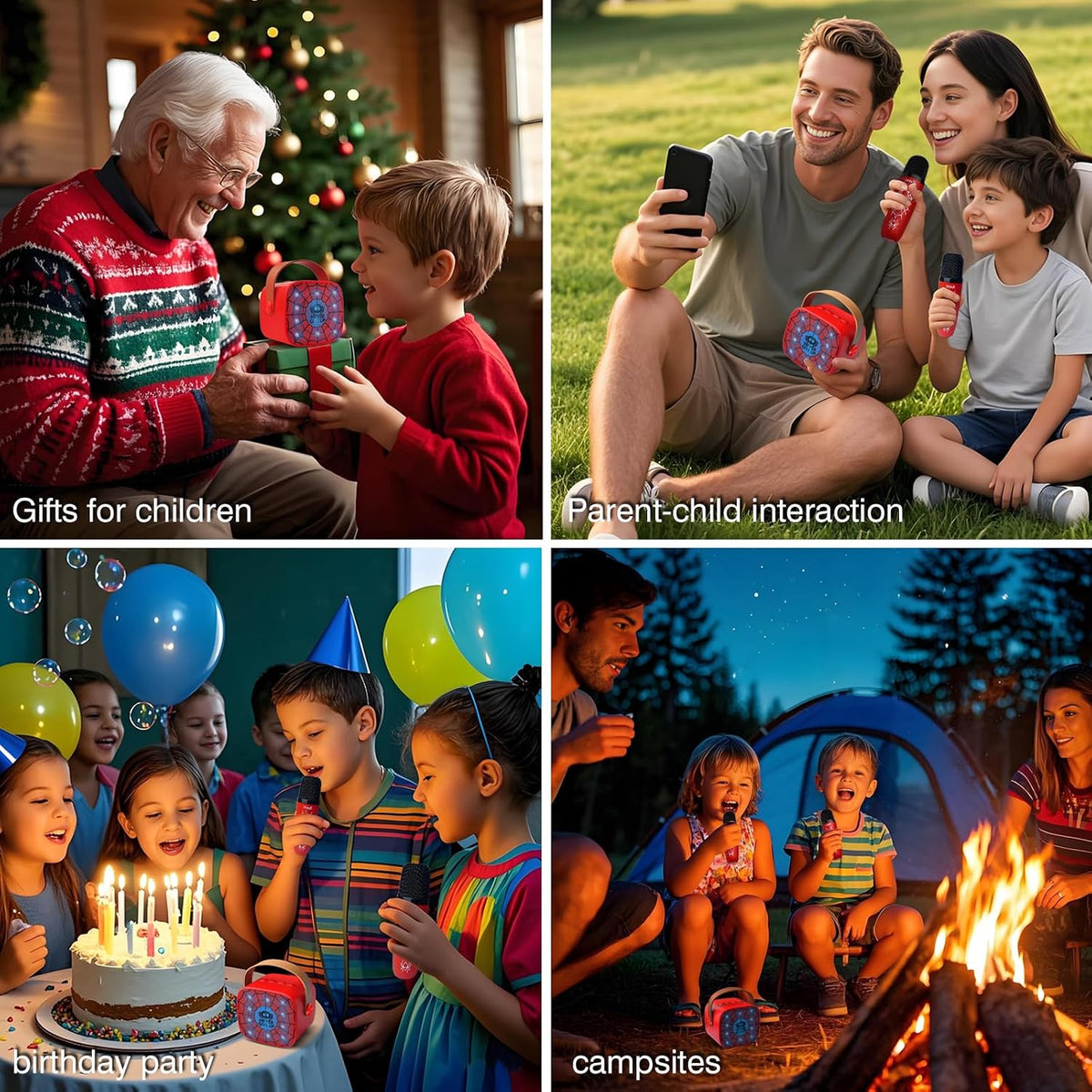 GffoihsX Mini Karaoke Machine for Kids, Portable Bluetooth Speaker with 2 Wireless Microphones, LED Lights, 5 Fun Voice Effects, Rechargeable Battery, Red