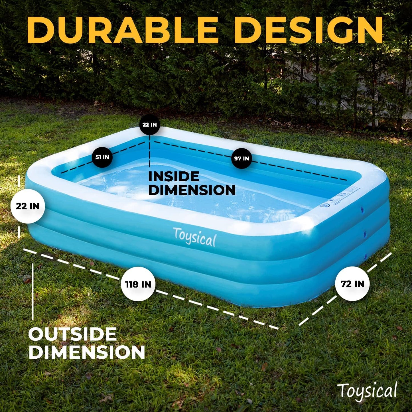 Toysical Inflatable Family Pool with Pump, 118" x 72" x 22", 312-Gallon Above Ground Swimming Pool for Kids & Adults, Rectangular PVC Pool with Air Pump & Repair Patches
