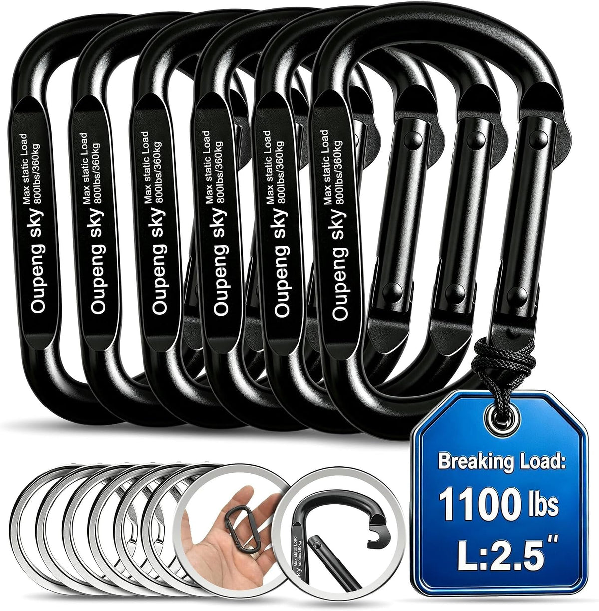 Oupeng sky Heavy-Duty Carabiner Clips, 6-Pack with Key Rings, 2.5-Inch Iron D-Shaped Keychain Clips for Camping, Hiking, Backpacking & Outdoor Gear, Black
