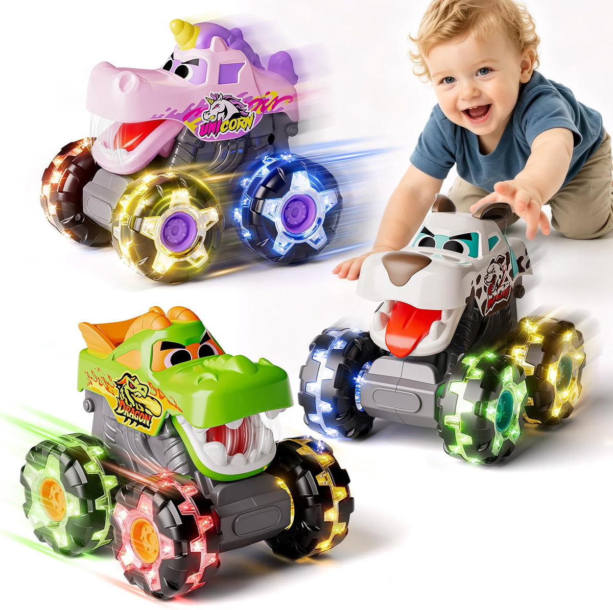 SunnyPal 3-Pack Light Up Monster Truck Toys for Toddlers