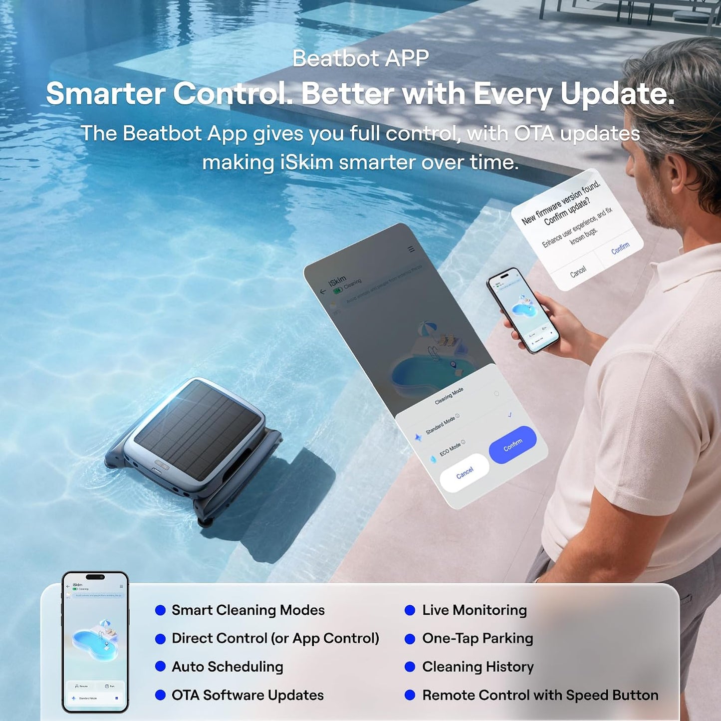Beatbot iSkim Robotic Pool Surface Skimmer, 9L Basket, 24/7 Solar Cleaning, 28-Hour Runtime, Anti-Stranding Design for Pool Steps, Smart Obstacle Avoidance, Auto Return, APP Control-Navy Blue