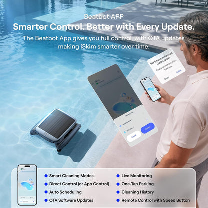 Beatbot iSkim Robotic Pool Surface Skimmer, 9L Basket, 24/7 Solar Cleaning, 28-Hour Runtime, Anti-Stranding Design for Pool Steps, Smart Obstacle Avoidance, Auto Return, APP Control-Navy Blue