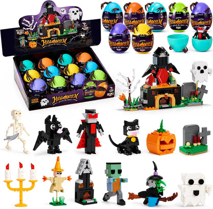 Cleboen Halloween Building Blocks Blind Eggs, 12-in-1 Haunted House Mini Building Block Sets, Surprise Eggs Party Favors for Kids Ages 6-12, Halloween Toys & Goodie Bag Stuffers