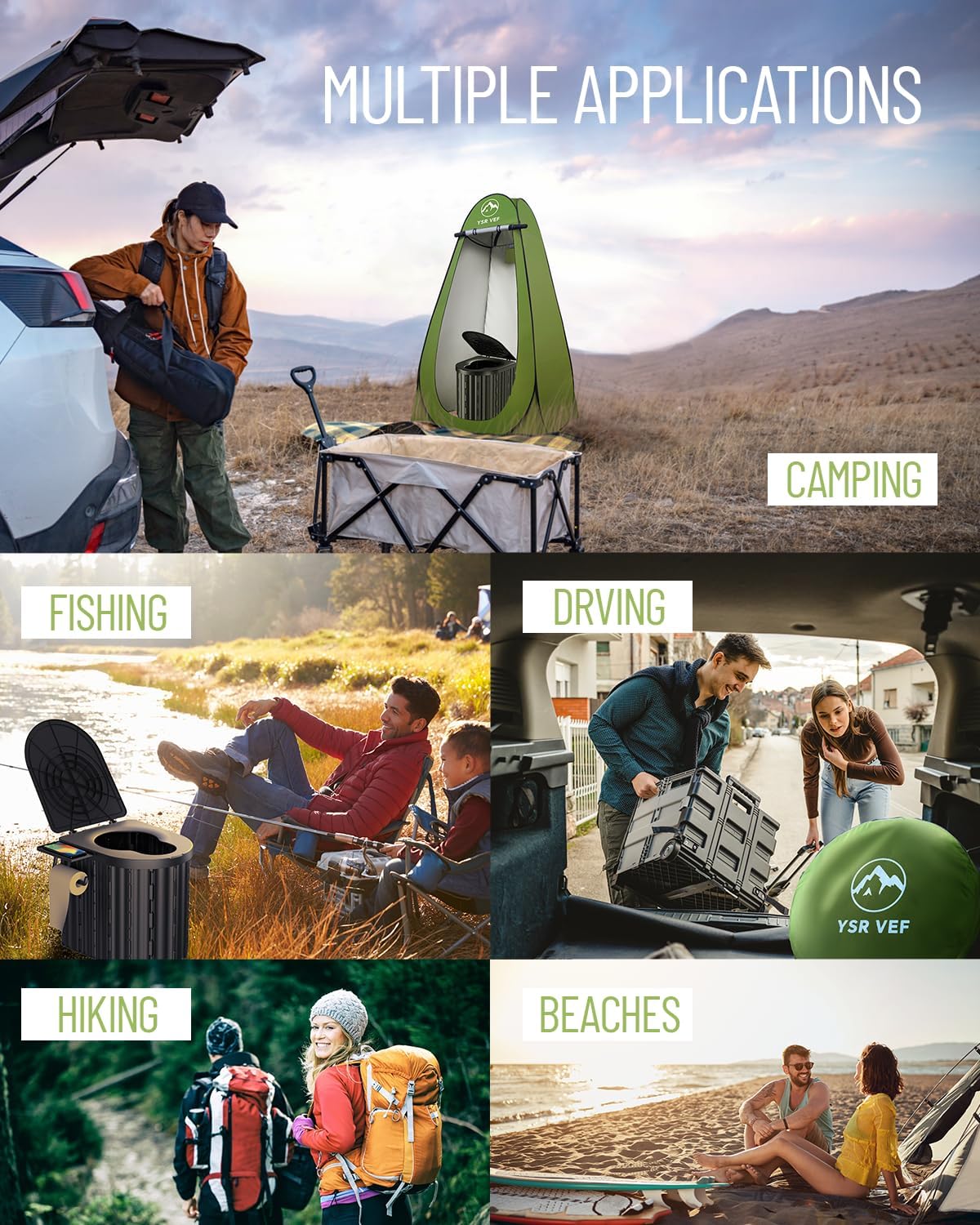 YSR VEF Portable Camping Toilet with Pop-Up Privacy Tent, Foldable Camping Toilet Kit with 12 Waste Bags, 12 Liquid Waste Gel Packs & Ground Stakes, Black & Green