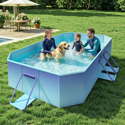 HeySplash Foldable Swimming Pool, Non-Inflatable 78" x 53" x 19", Rectangular Family Pool with Triple Drainage System, Puncture-Resistant PVC, Portable Pool for Kids & Pets, Ice Blue