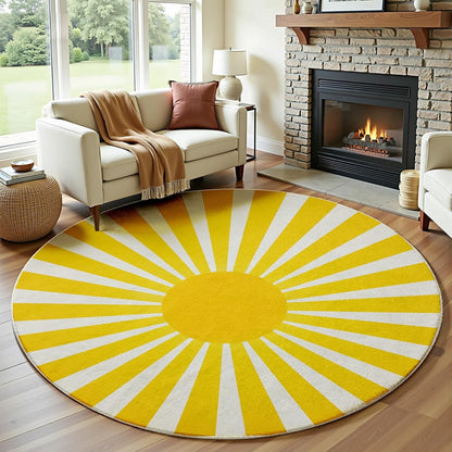 Yellow Rainbow Sun Round Rug 10Ft, Boho Print Circle Area Carpet, Washable